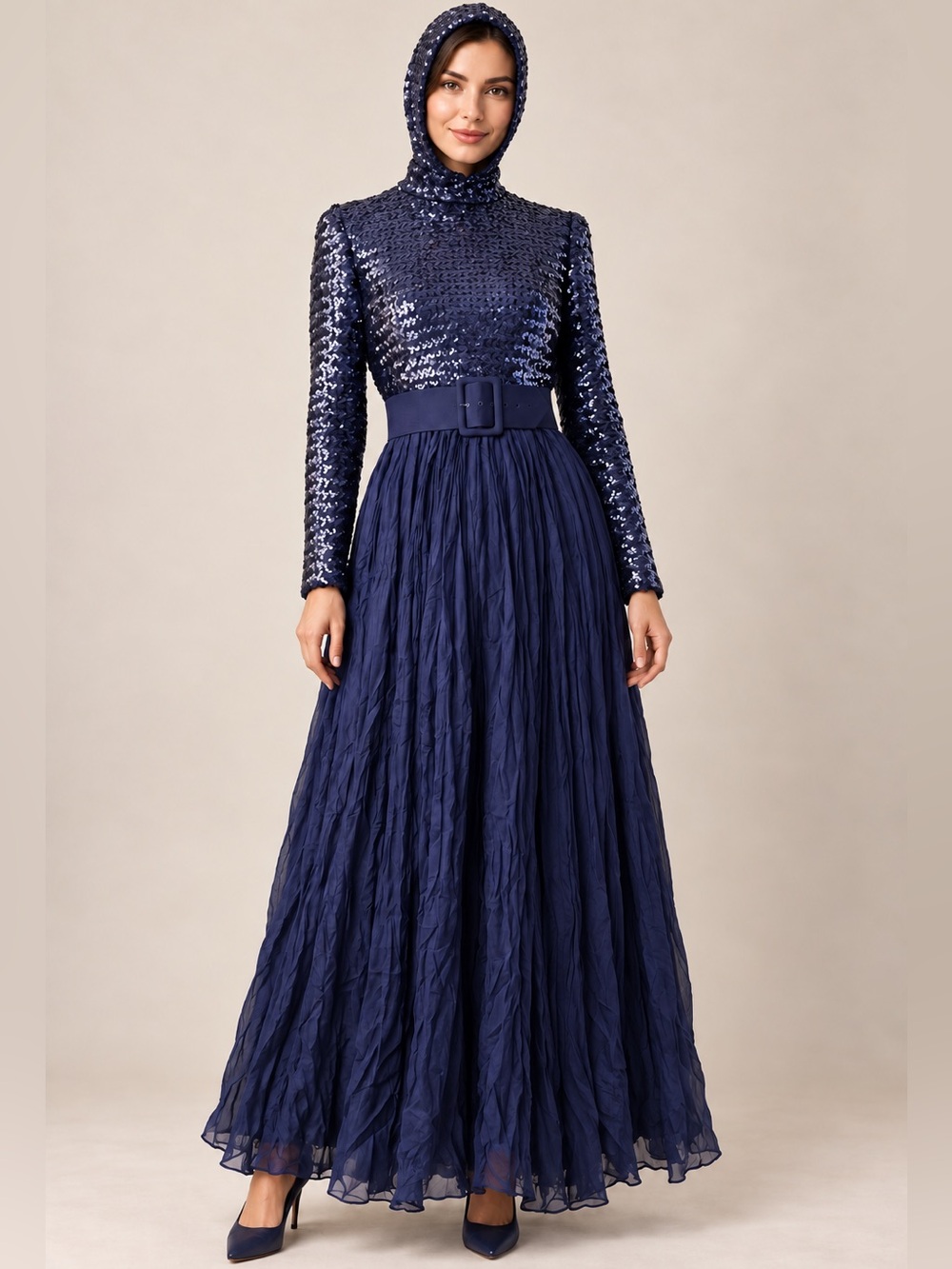 Saks Fifth Avenue Vintage 60s/70s Navy Sequin Gown Detachable Hood Fits S